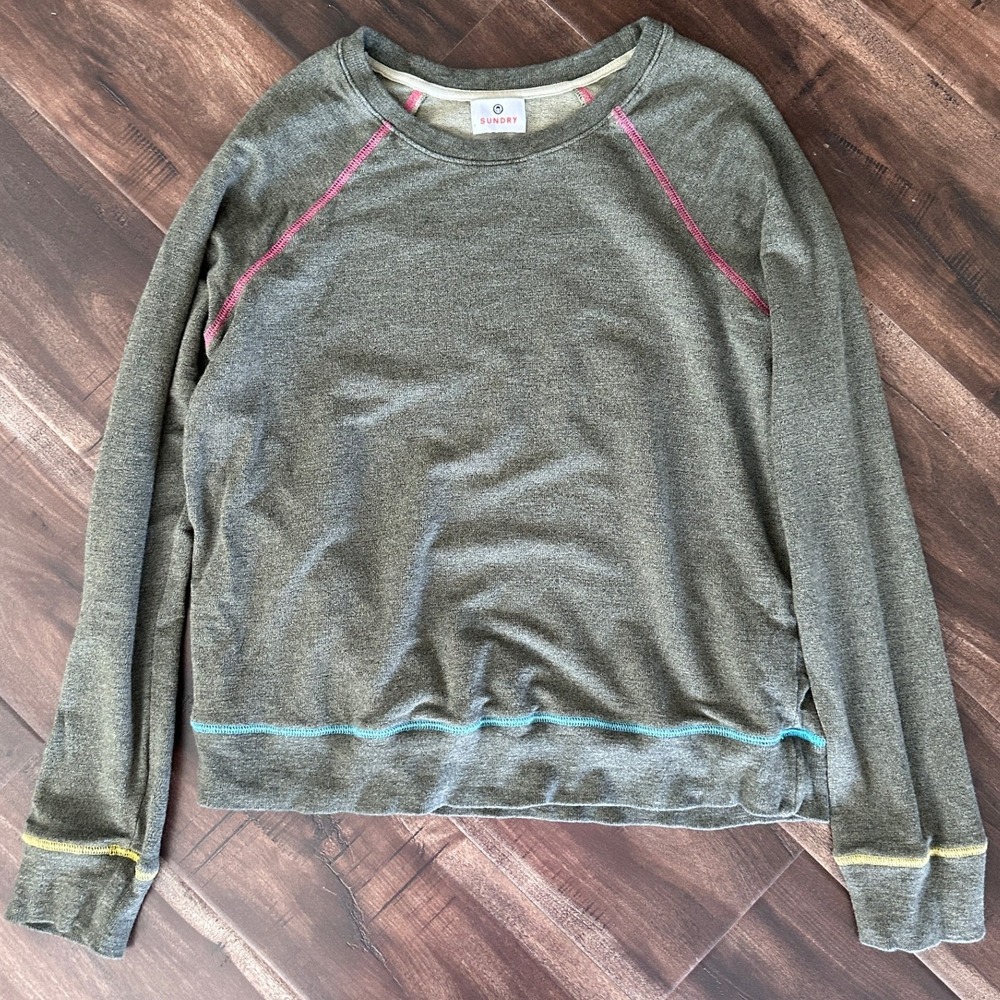 Sundry Womens Raglan Sweatshirt Olive Green Contrast Stitch French Terry Size 2